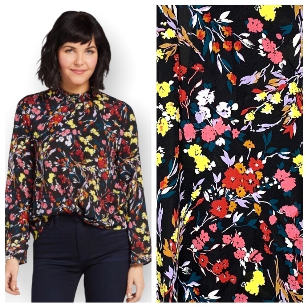 Allison Joy Gigi Smocked Neck Black Floral Blouse Size Extra Small
